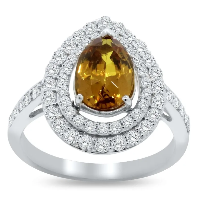 Auriya Platinum 2ct Certified Pear Rare Yellow Sapphire and 3/4ct TDW Diamond Double Halo Engagement Ring sold by Zulily