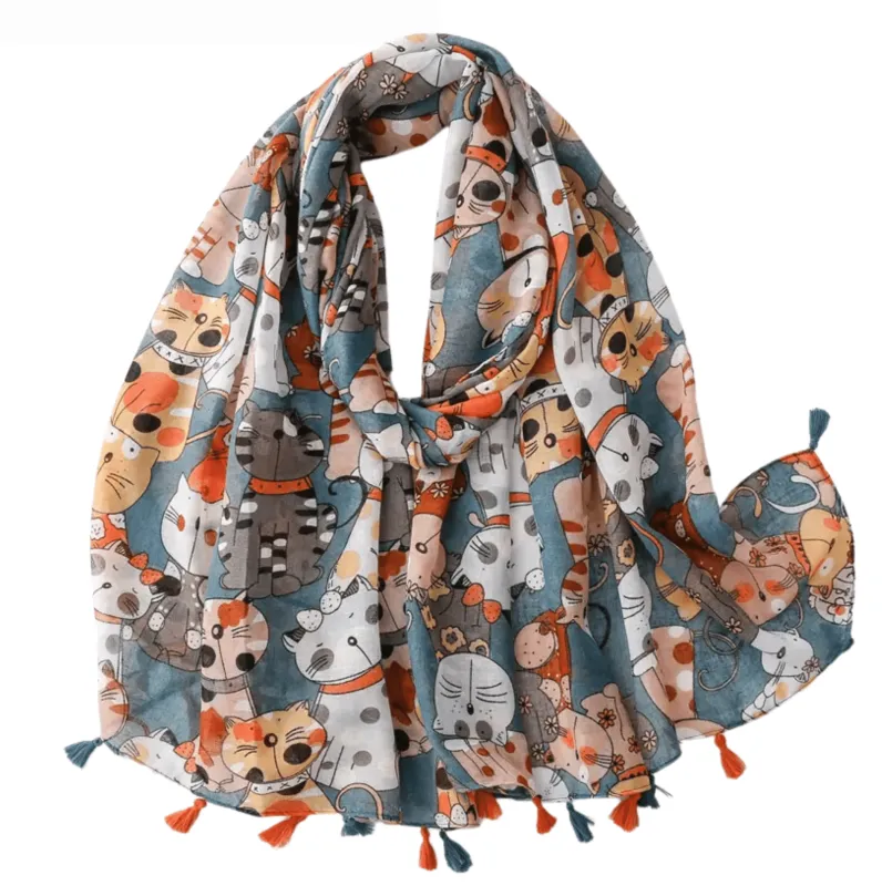 Adorable Blue Cat Print Scarf with Tassels sold by Zulily