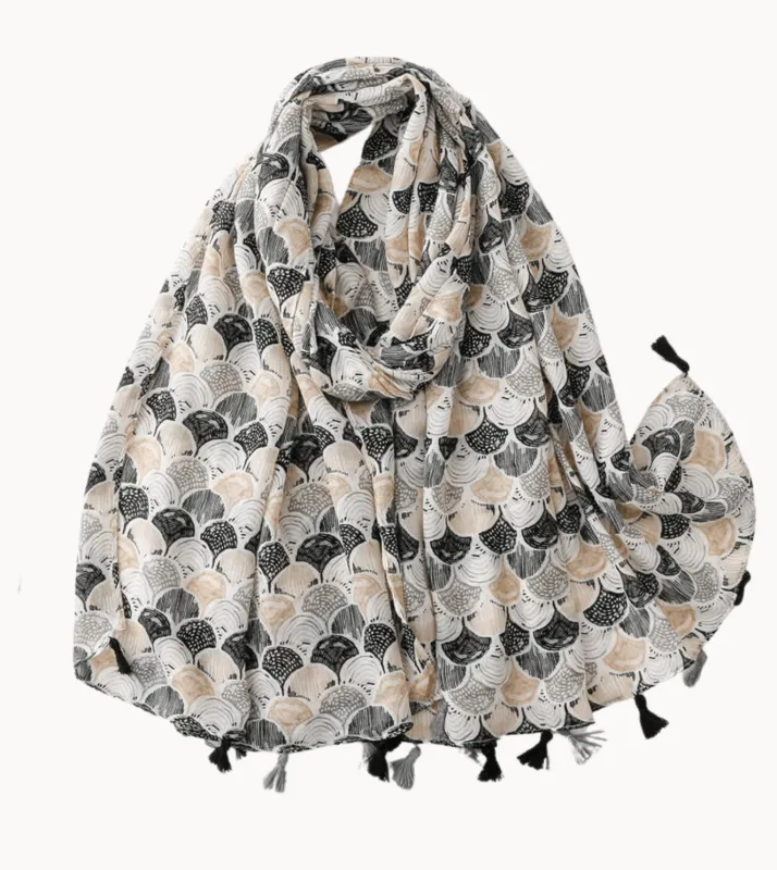 Ombre Fan Scarf in Sand, Grey and Jet with Tassels sold by Zulily