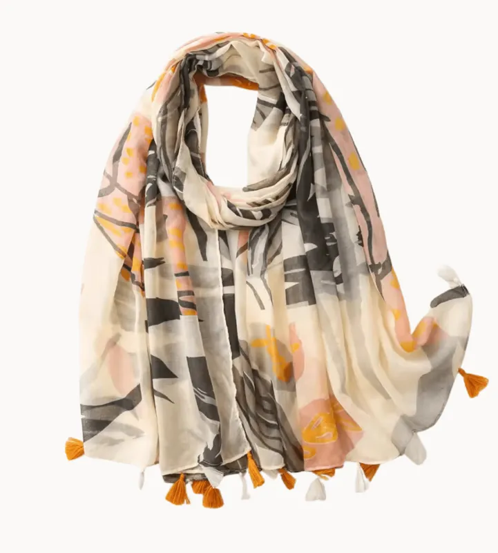 Ivory Rose and Greige Vintage Floral Design Scarf with Tassels sold by Zulily