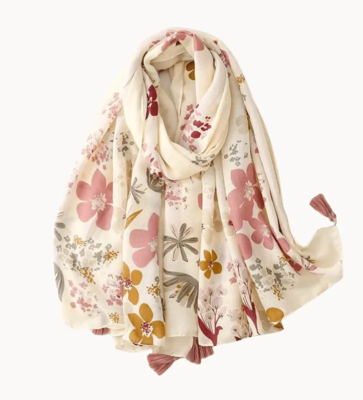 Ivory and Dusty Rose Vintage Floral Scarf with Tassel sold by Zulily