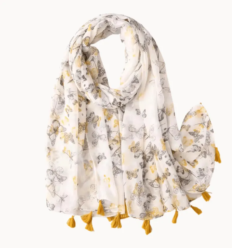 Grey and Yellow Butterfly Scarf with Tassels sold by Zulily