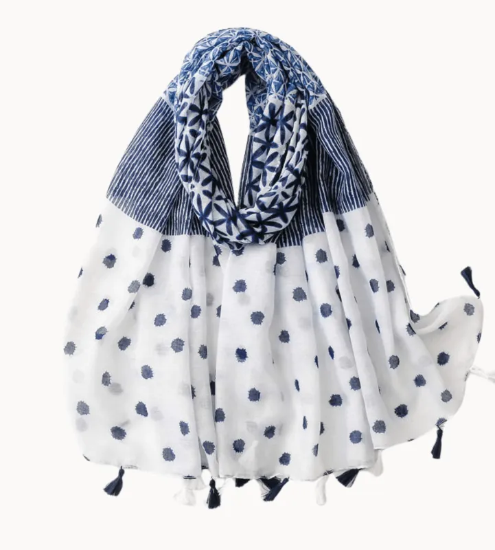 Geometric and Navy Dot Scarf with Tassels sold by Zulily