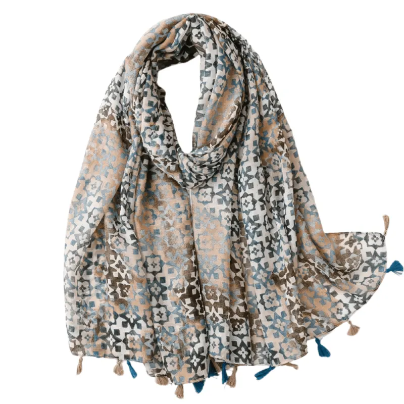 Blue and Beige Ornate Patterned Chiffon Scarf sold by Zulily