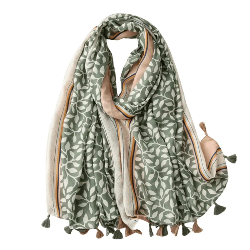 Beautiful Nature Inspired Leafy Scarf with Tassels in Soft Greens sold by Zulily