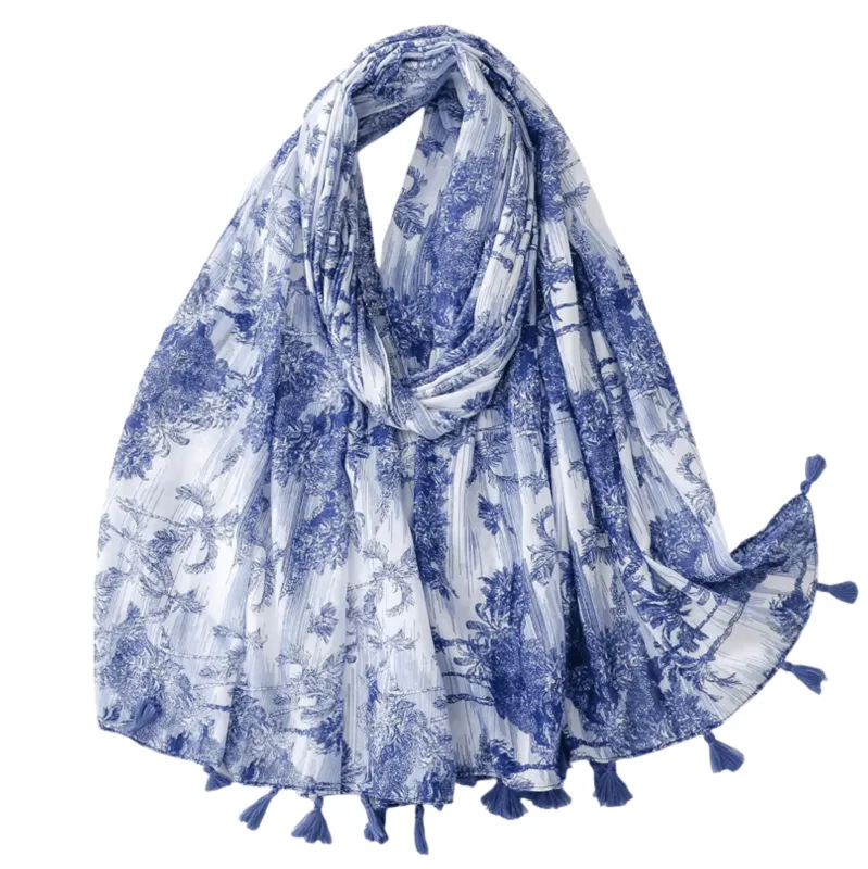 Blue and White Toile Tassel Scarf sold by Zulily