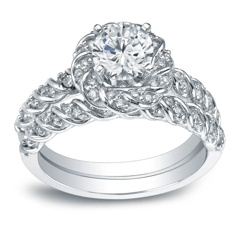 Auriya Unique Rope Style 1 3/5ct TDW Round Diamond Halo Bridal Ring Set 14k White Gold Certified sold by Zulily