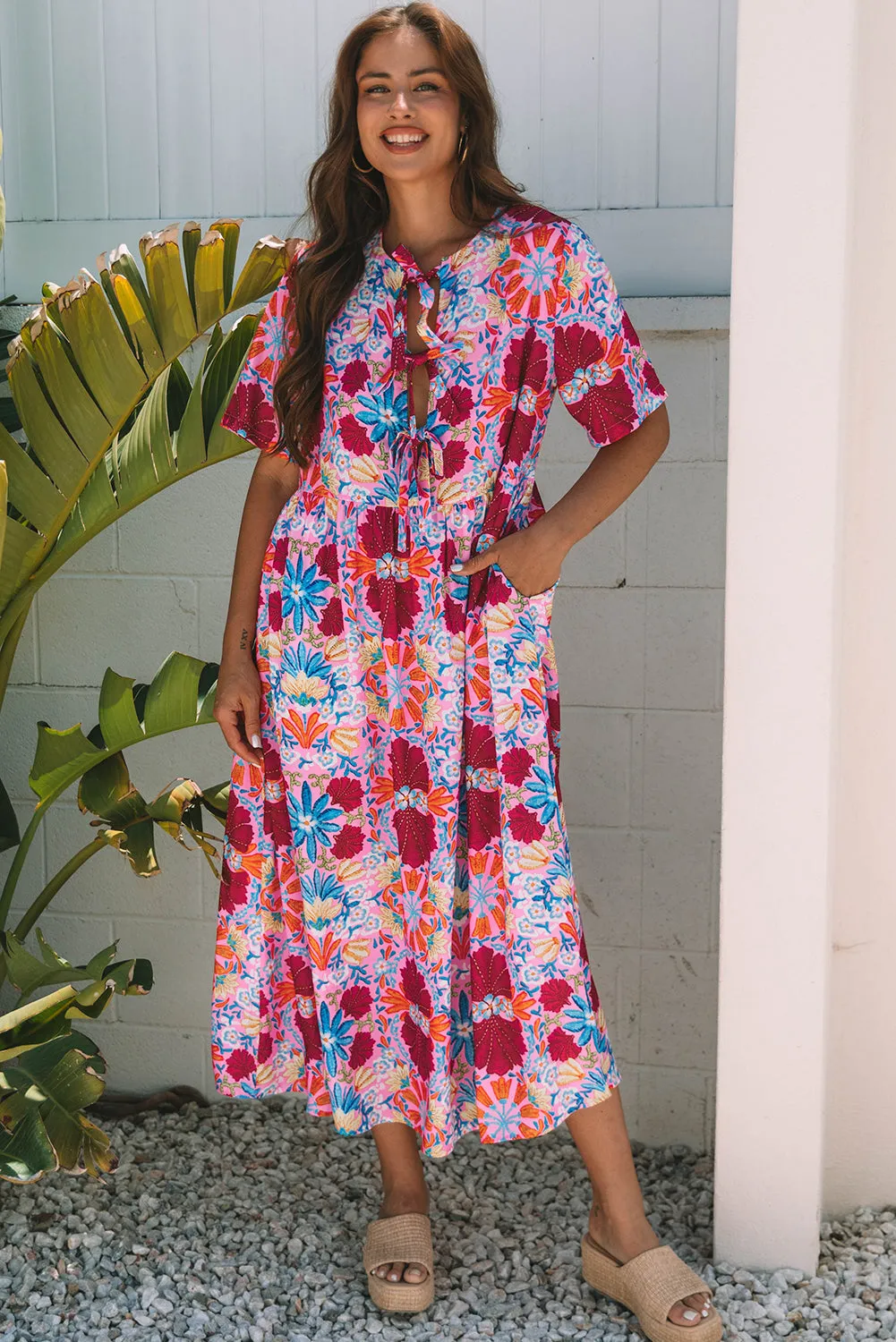Hannah Floral Tied Front High Waist Long Dress by Threaded Pear sold by Zulily
