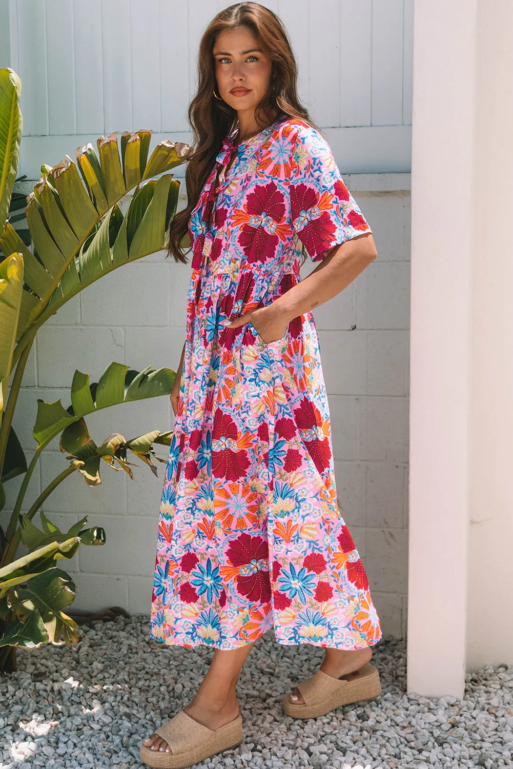 Hannah Floral Tied Front High Waist Long Dress by Threaded Pear sold by Zulily product image thumbnail 3