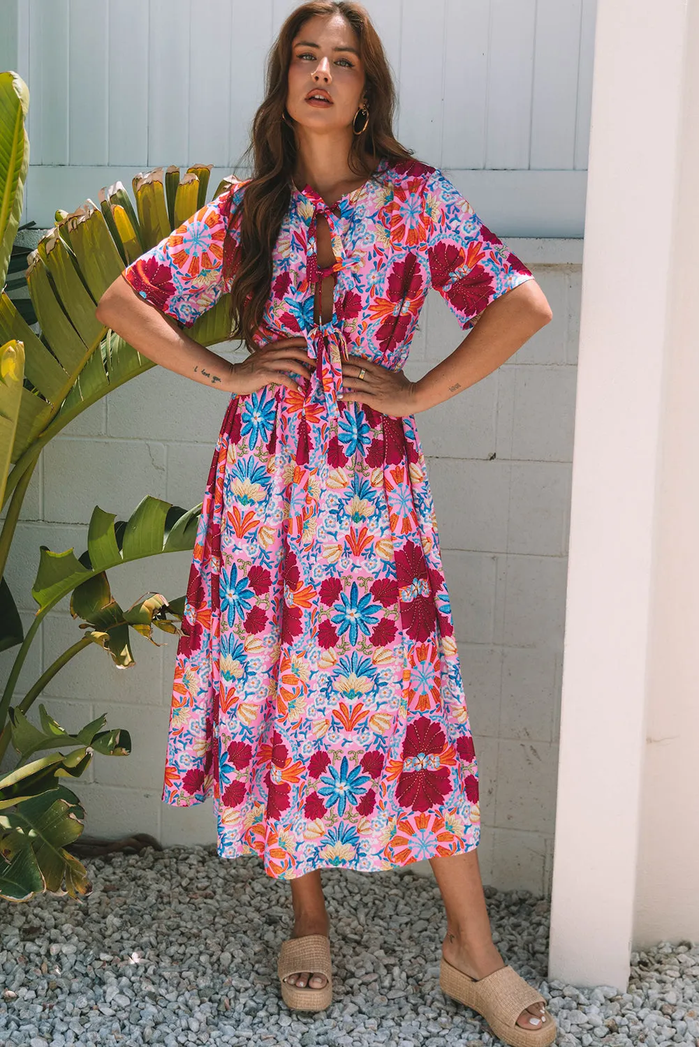 Hannah Floral Tied Front High Waist Long Dress by Threaded Pear sold by Zulily product image thumbnail 5