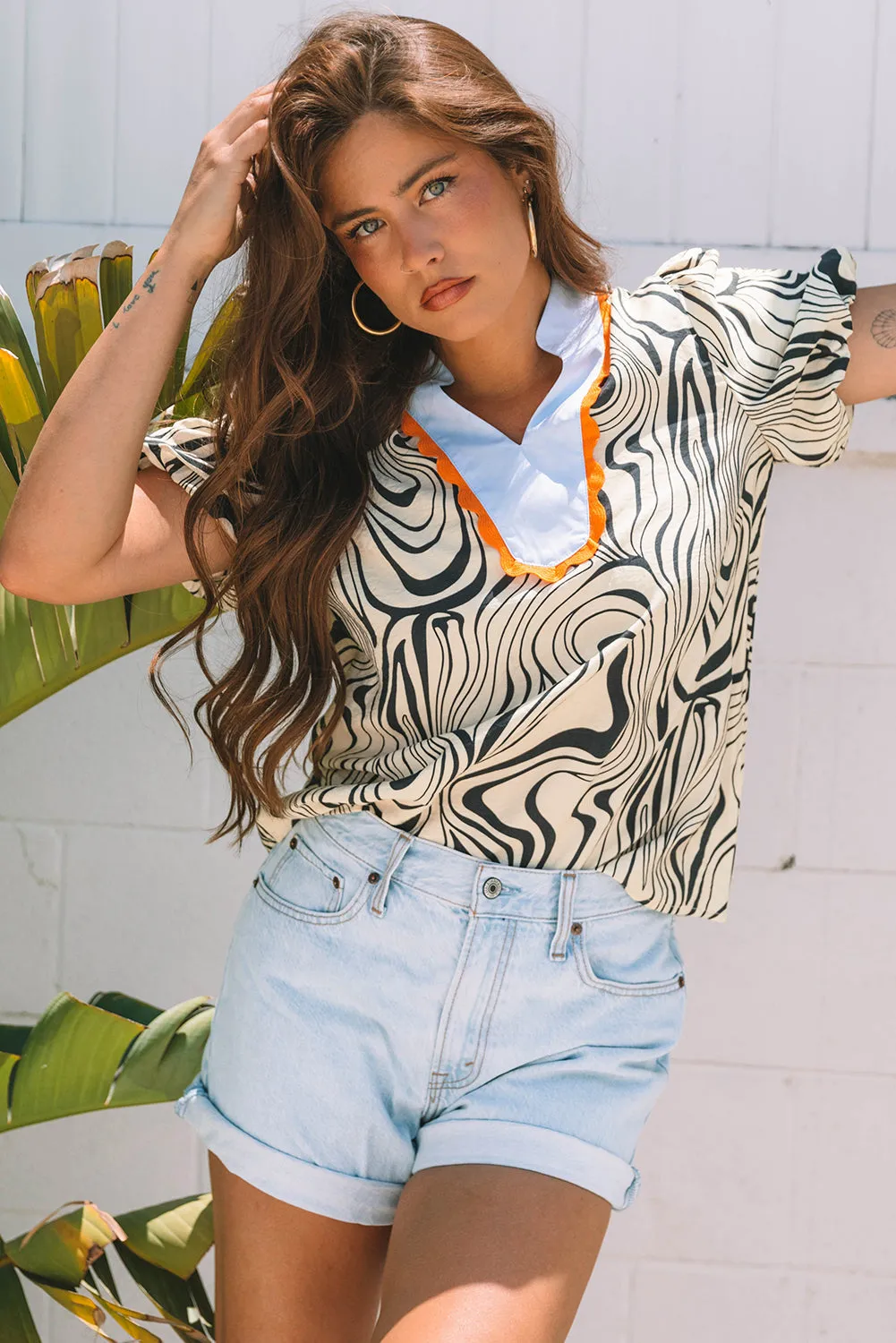 Delilah Zebra Stripe V-Neck Short Sleeve Blouse by Threaded Pear sold by Zulily product image thumbnail 4