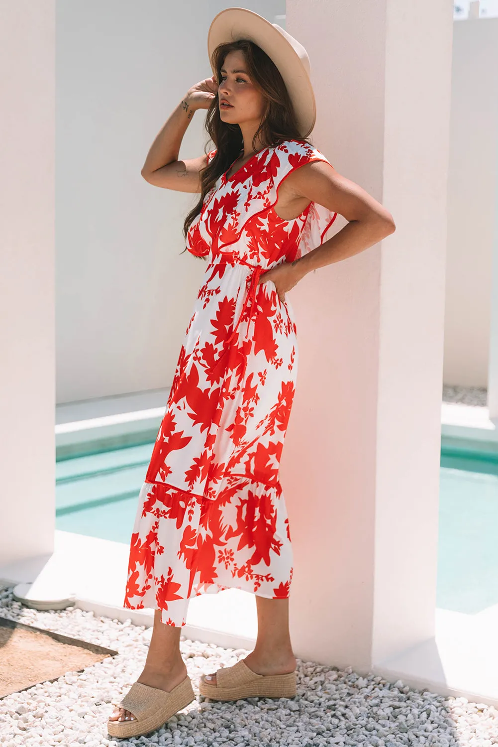 Scarlett Floral Trimmed V Neck Ruffle Sleeve Long Dress by Threaded Pear sold by Zulily product image thumbnail 3