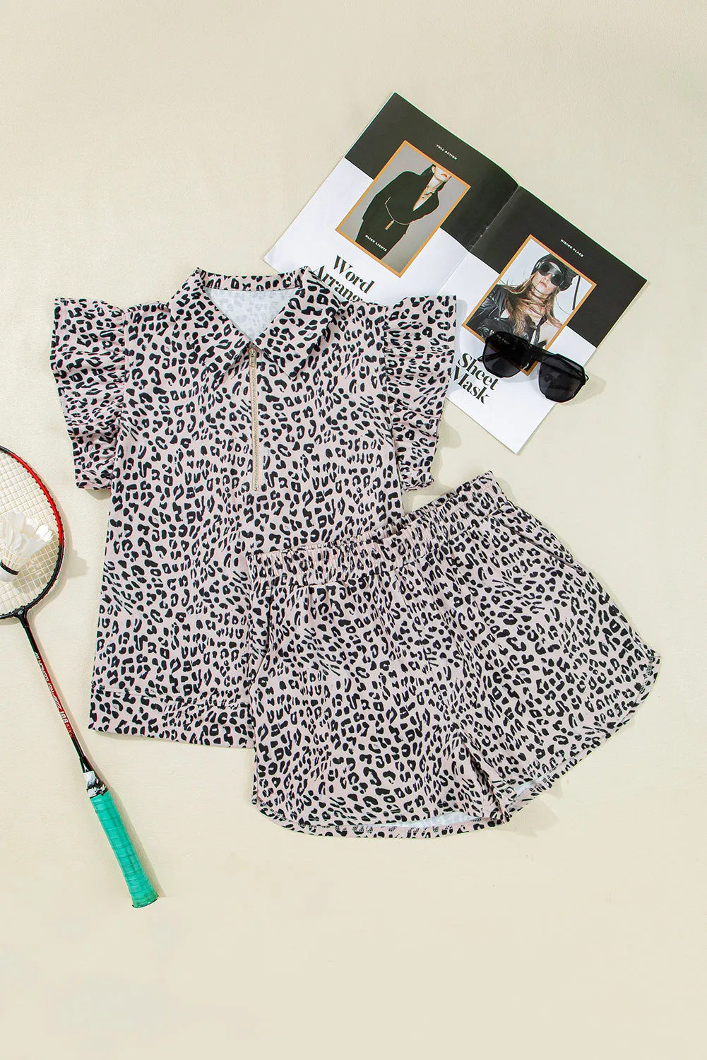 Leopard Half Zipper Collared Ruffled Sleeve Top and Short Set by Threaded Pear sold by Zulily product image thumbnail 3