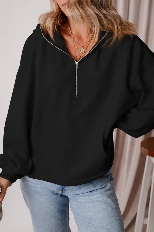 Kate Fleece Lined Half Zipper Kangaroo Pockets Loose Hoodie by Threaded Pear sold by Zulily