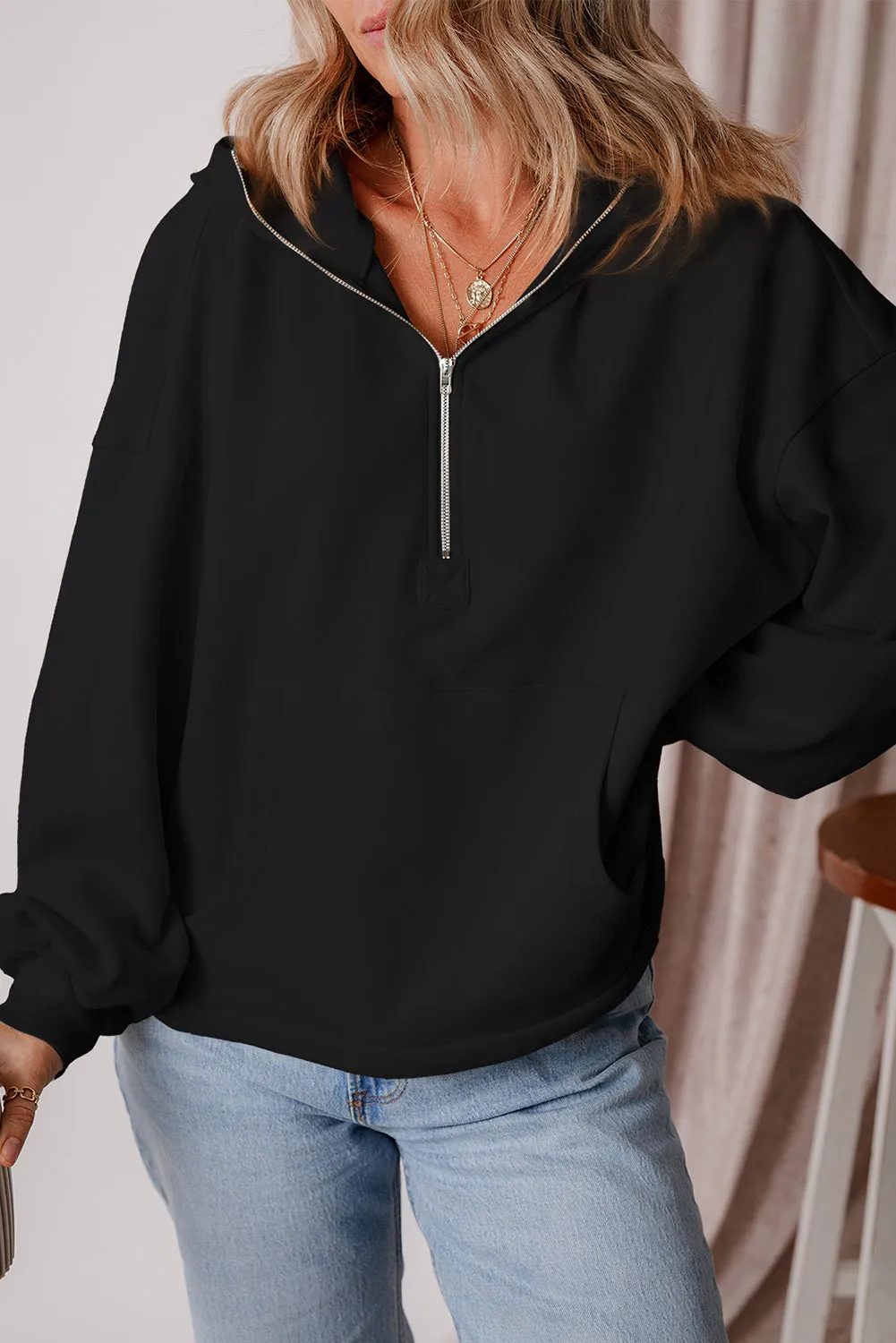 Kate Fleece Lined Half Zipper Kangaroo Pockets Loose Hoodie by Threaded Pear sold by Zulily