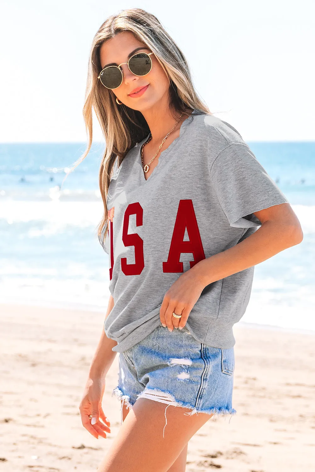 USA Patch Notched Neck Loose Tee by Threaded Pear sold by Zulily product image thumbnail 4