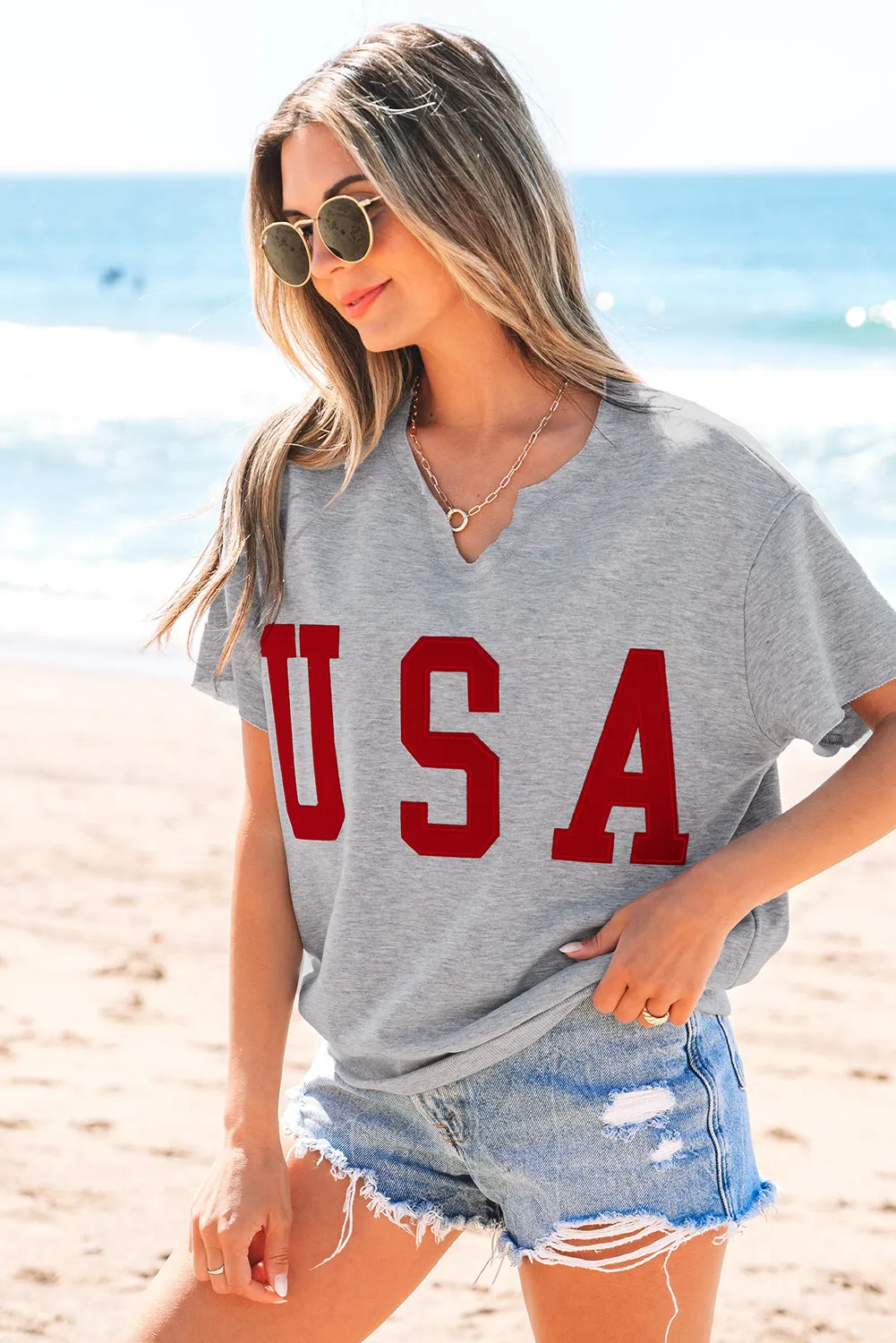 USA Patch Notched Neck Loose Tee by Threaded Pear sold by Zulily product image thumbnail 3