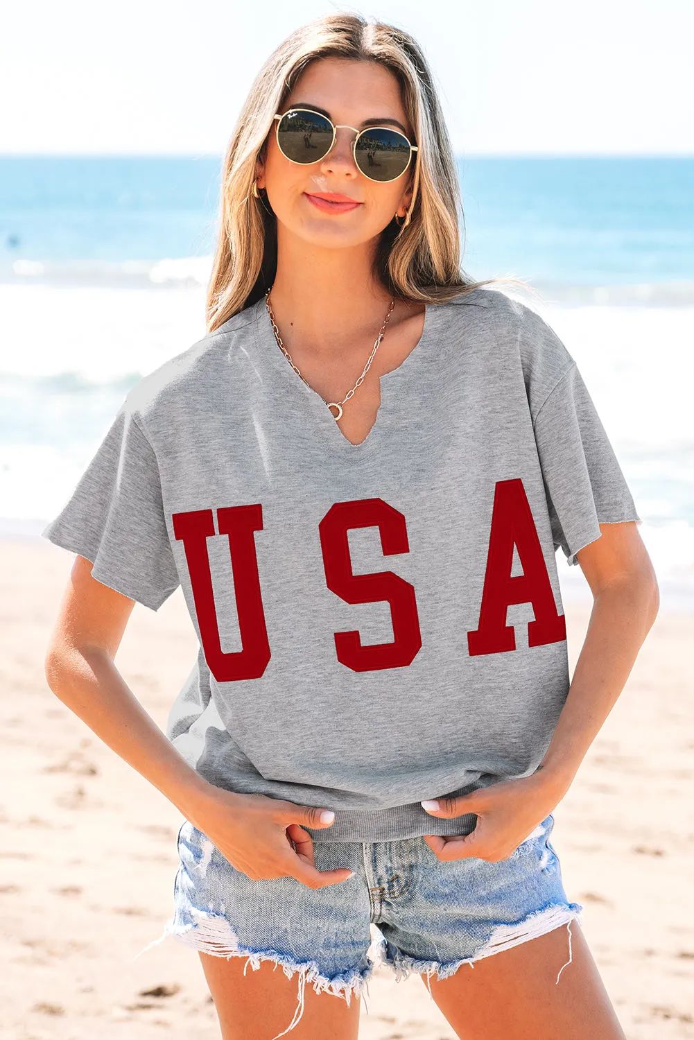 USA Patch Notched Neck Loose Tee by Threaded Pear sold by Zulily product image thumbnail 5