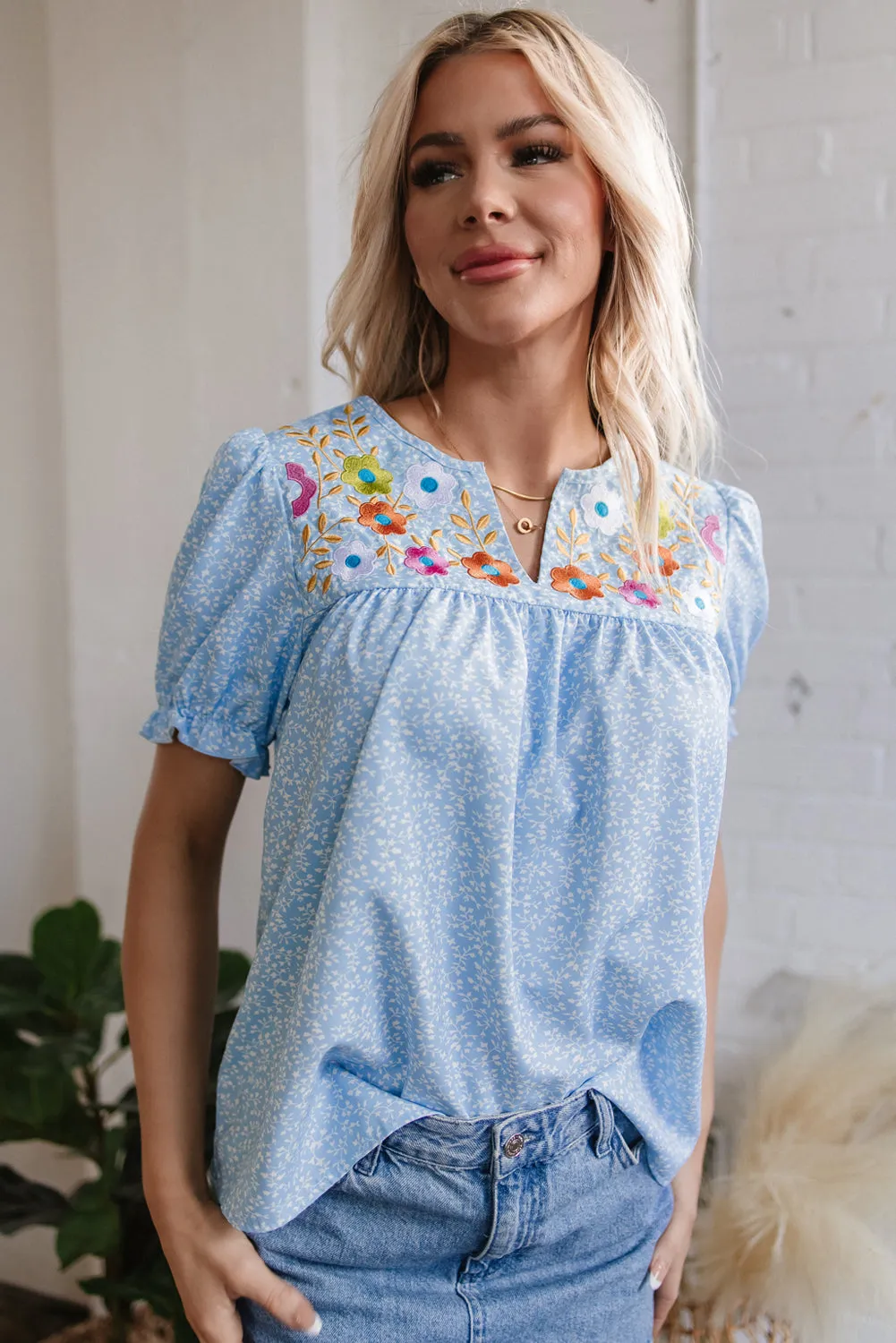 Kenzie Floral Embroidered Puff Sleeve Blouse by Threaded Pear sold by Zulily product image thumbnail 5