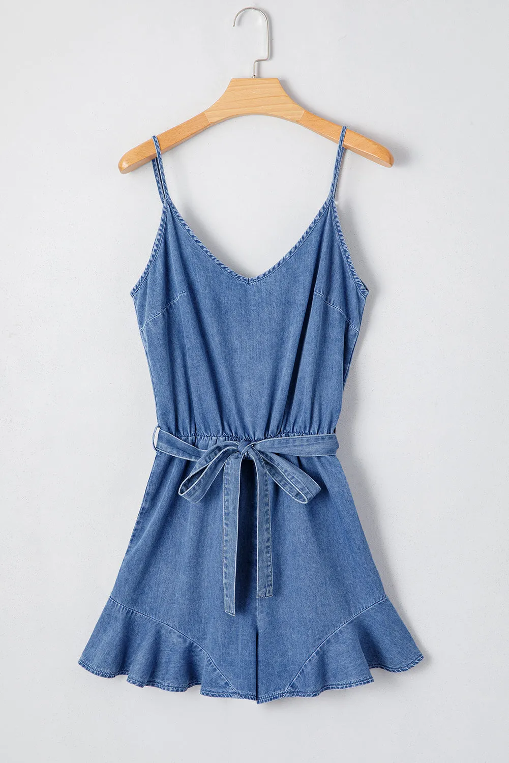 Aspyn Spaghetti Straps Ruffled Leg Chambray Romper by Threaded Pear sold by Zulily product image thumbnail 5
