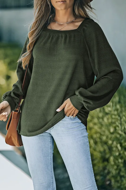 Hallie Square Neck Puff Sleeve Waffle Knit Top by Threaded Pear sold by Zulily