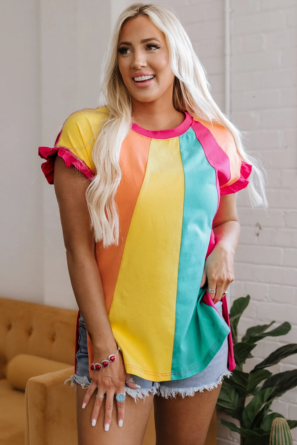 Stormi Color Block Ruffled Crew Neck Loose Fit Top by Threaded Pear sold by Zulily product image thumbnail 5