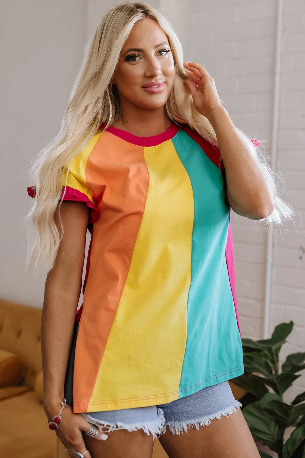 Stormi Color Block Ruffled Crew Neck Loose Fit Top by Threaded Pear sold by Zulily product image thumbnail 4