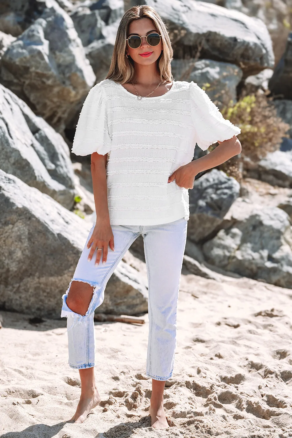 Luella Frilled Lace Trim Bubble Sleeve Blouse by Threaded Pear sold by Zulily product image thumbnail 4