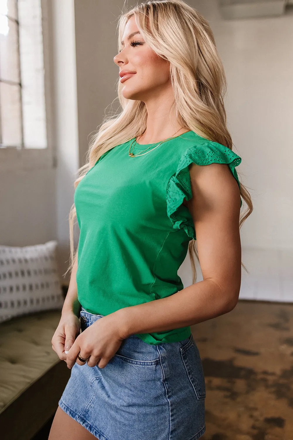 Nellie Embroidered Ruffled Sleeve Slim Fit Crew Neck Top by Threaded Pear sold by Zulily product image thumbnail 5