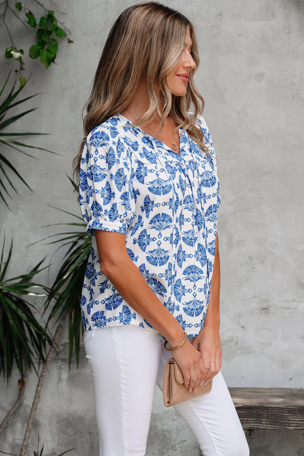 Grace Geometric Tassel Drawstring V Neck Blouse by Threaded Pear sold by Zulily product image thumbnail 3