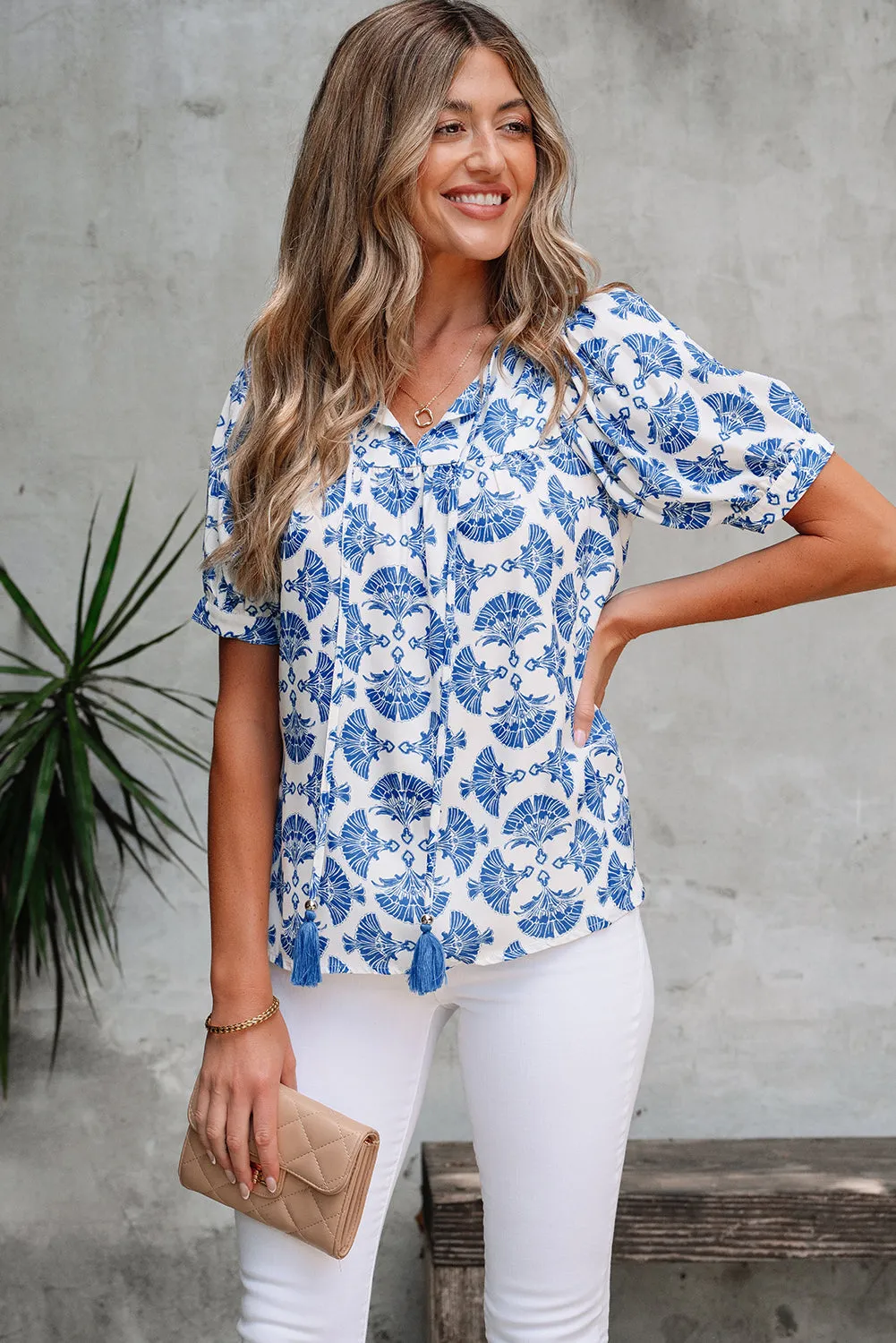 Grace Geometric Tassel Drawstring V Neck Blouse by Threaded Pear sold by Zulily product image thumbnail 4