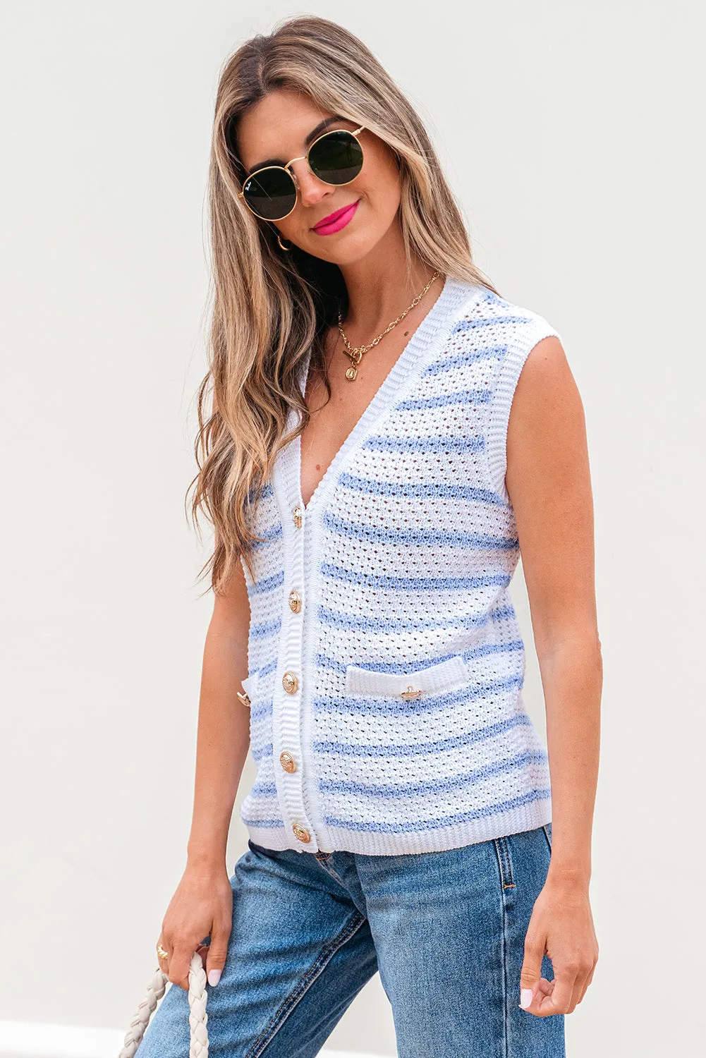 Veda V Neck Gold Buttons Elegant Sweater Vest by Threaded Pear sold by Zulily product image thumbnail 3