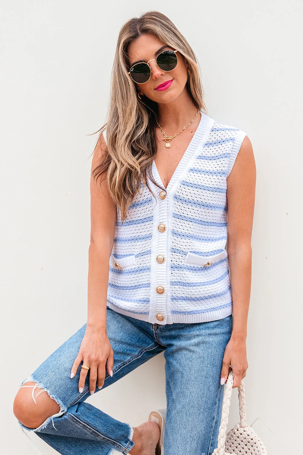 Veda V Neck Gold Buttons Elegant Sweater Vest by Threaded Pear sold by Zulily product image thumbnail 5