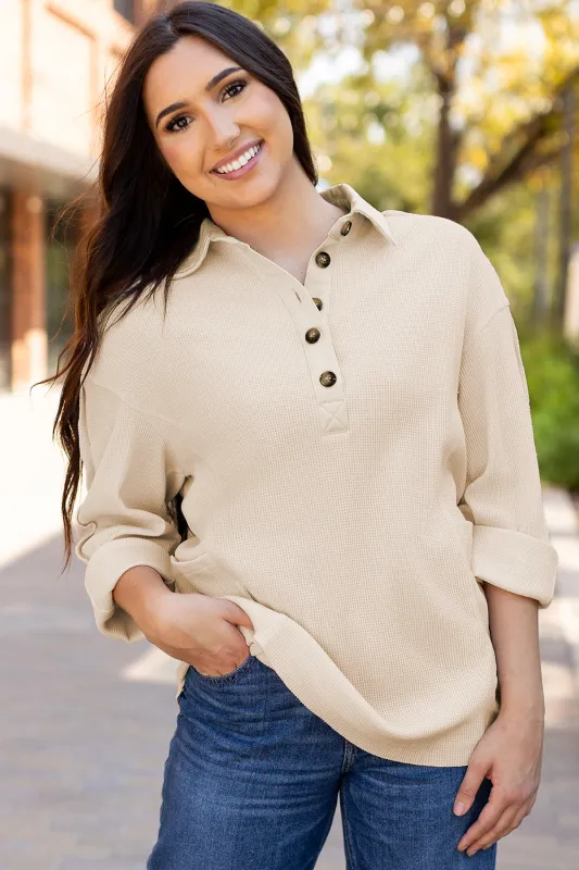 Arianna Waffle  Half Button Top by Threaded Pear sold by Zulily