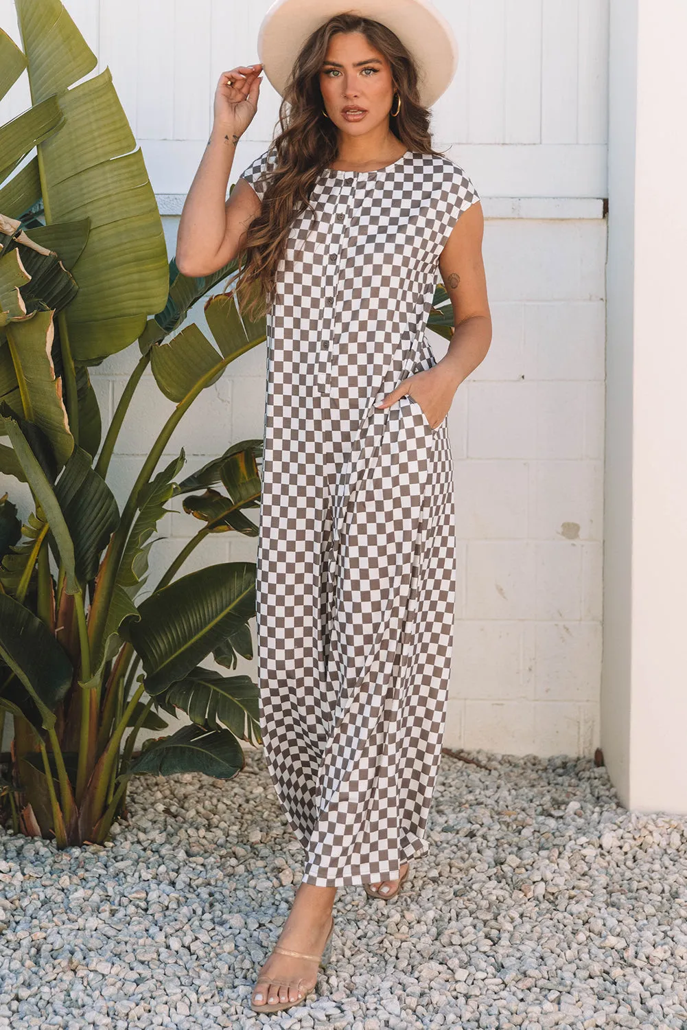 Paisley Checkered Buttoned Crew Neck Wide Leg Jumpsuit by Threaded Pear sold by Zulily product image thumbnail 5