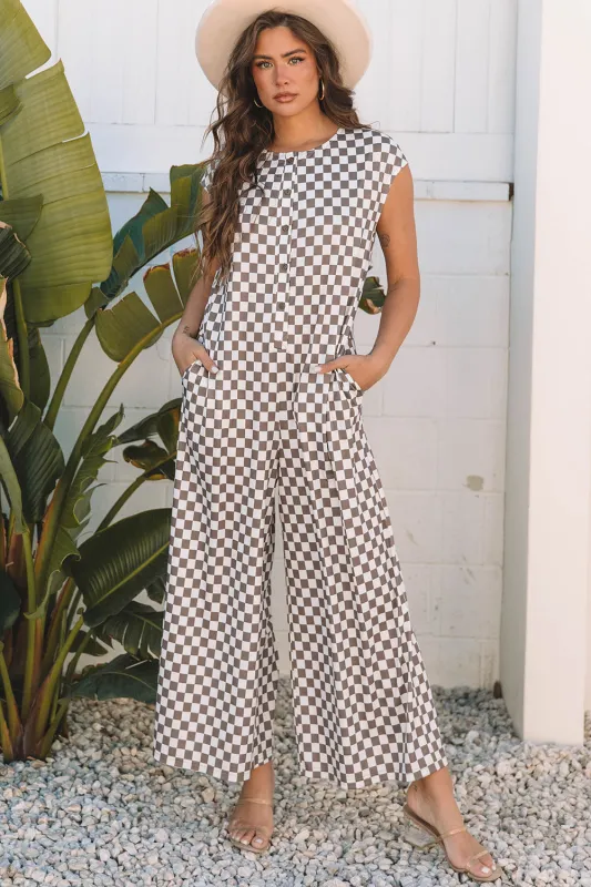 Paisley Checkered Buttoned Crew Neck Wide Leg Jumpsuit by Threaded Pear sold by Zulily