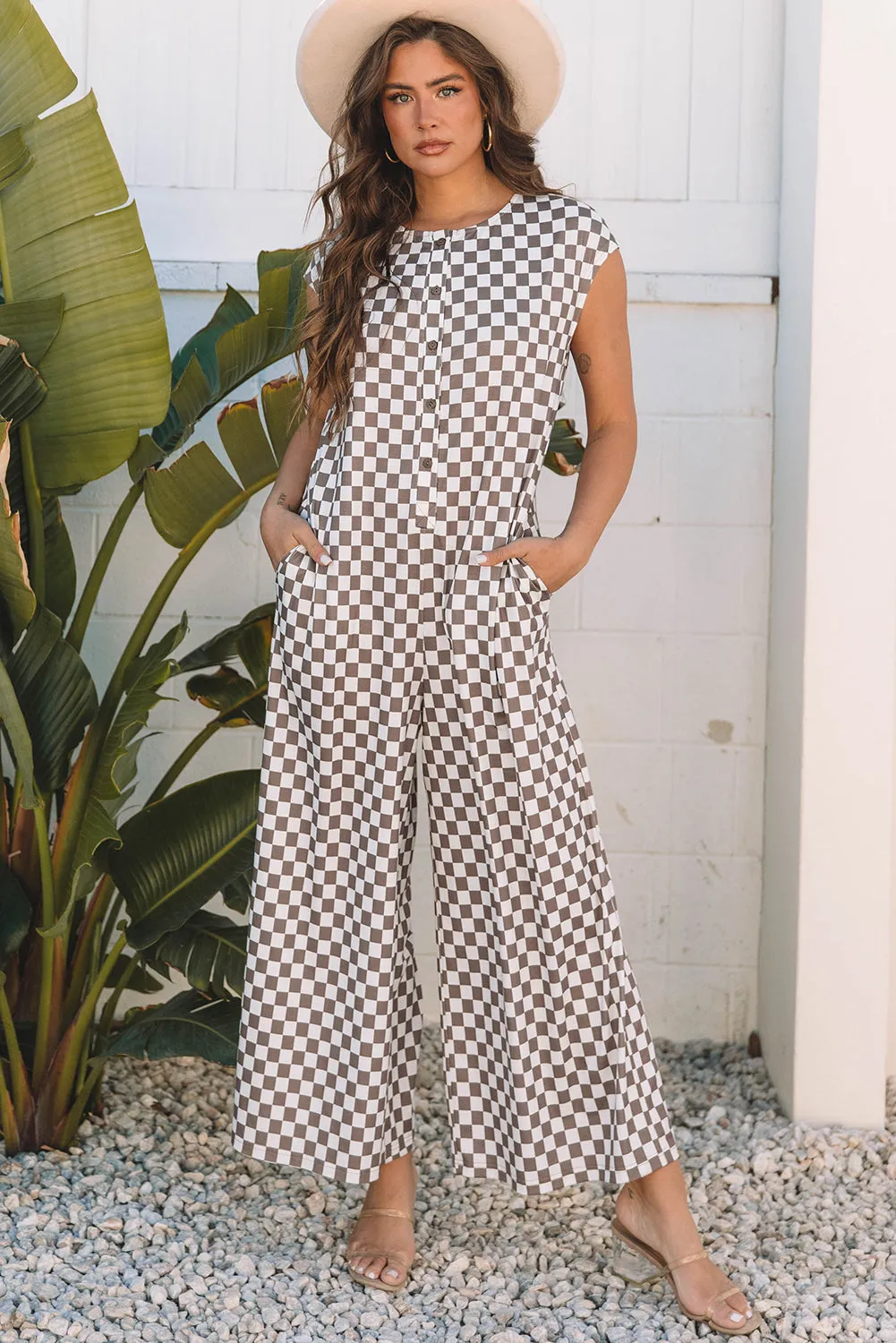 Paisley Checkered Buttoned Crew Neck Wide Leg Jumpsuit by Threaded Pear sold by Zulily