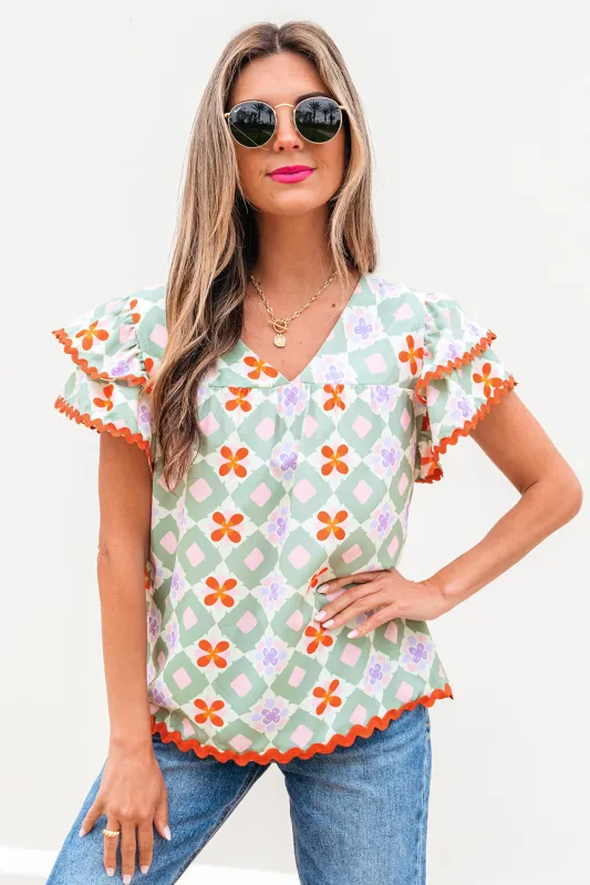 Belen Floral Layered Flutter Sleeve Rac Trim Blouse by Threaded Pear sold by Zulily