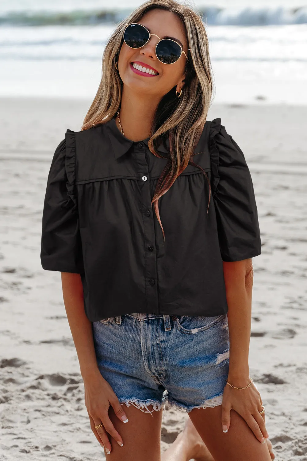 Analeia Frilly Puff Sleeve Stylish Collared Shirt by Threaded Pear sold by Zulily