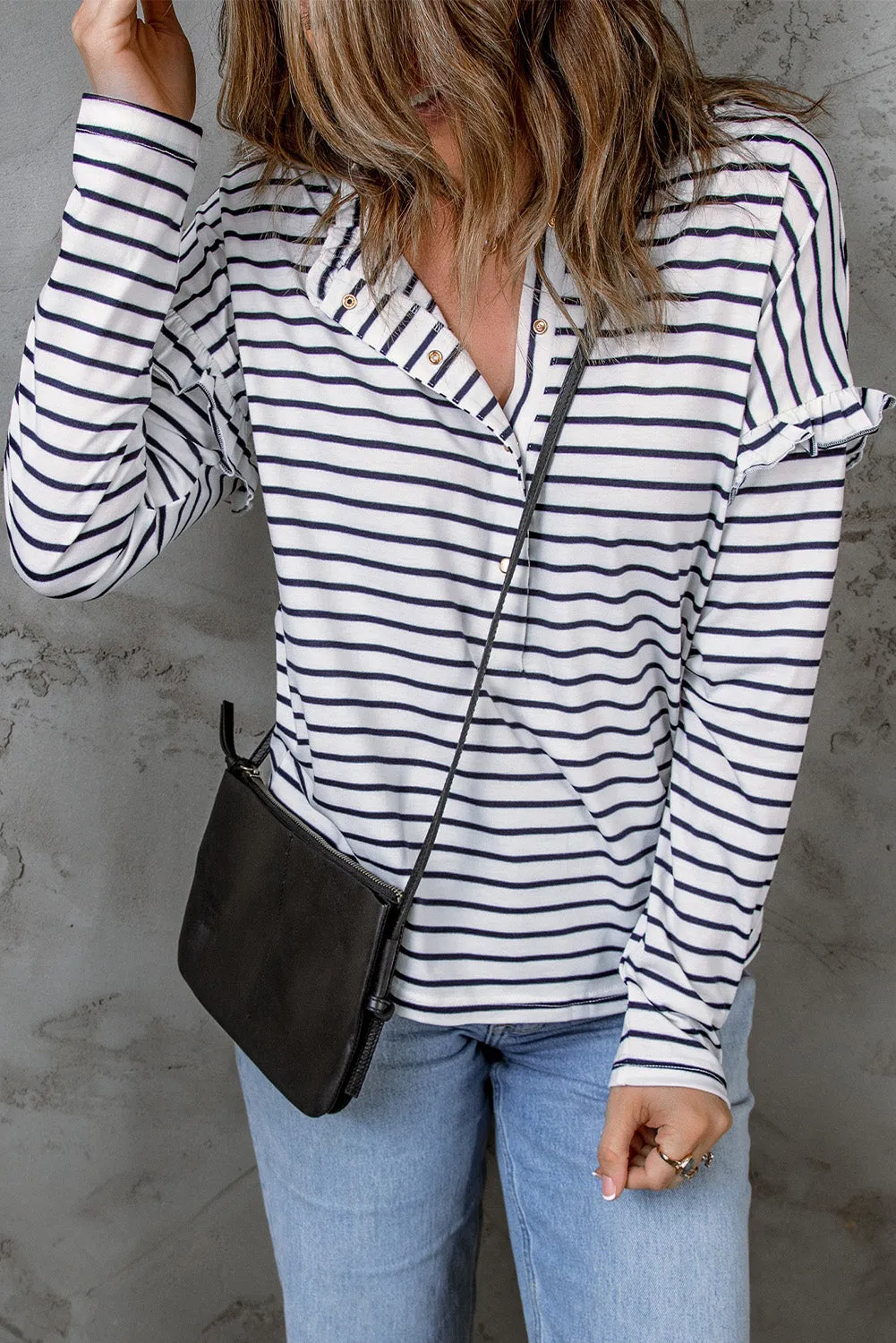 Emryn Striped Ruffled Buttoned Long Sleeve Top by Threaded Pear sold by Zulily product image thumbnail 5
