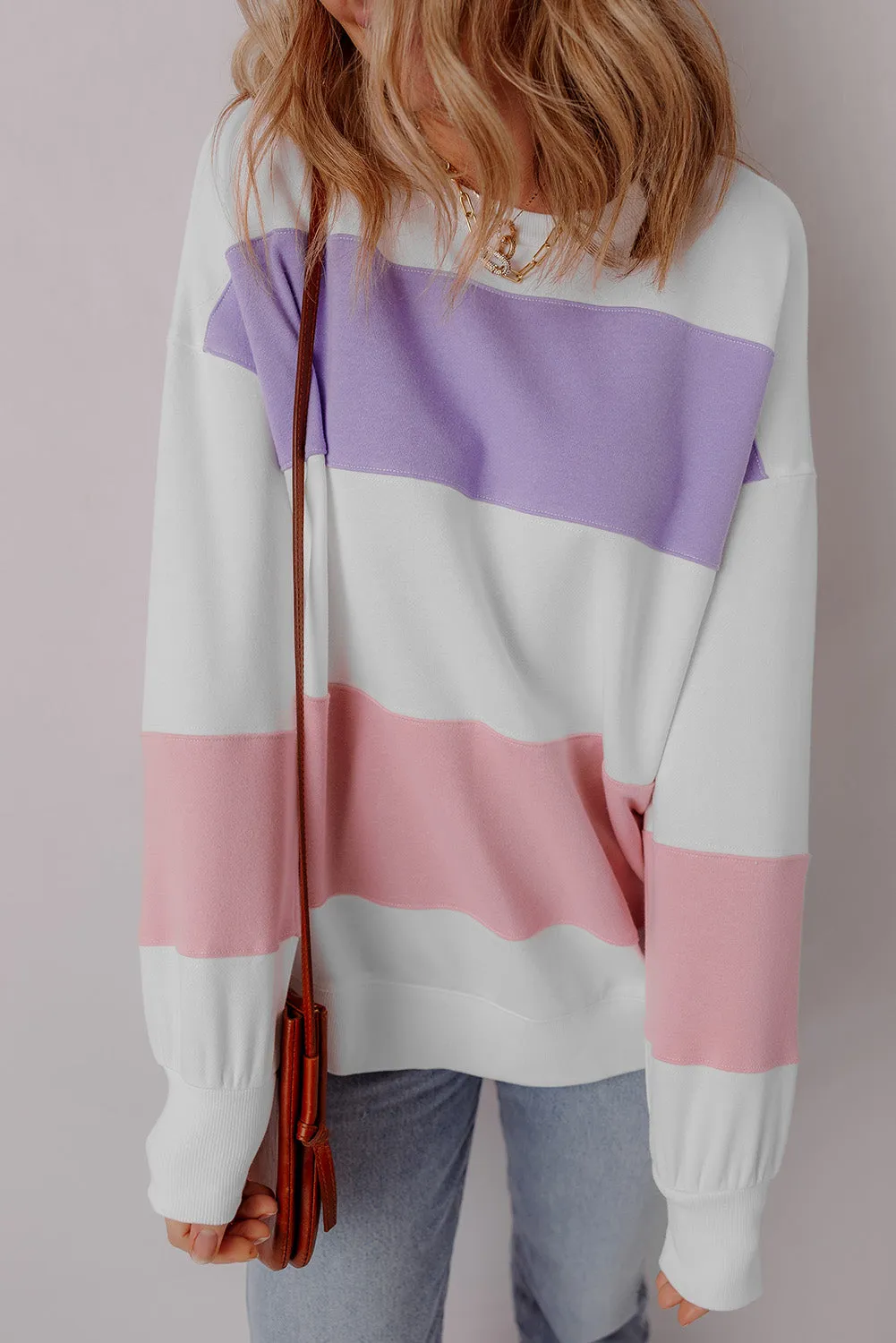 Beige Colorblock Patchwork Drop Shoulder Crewneck Sweatshirt by Threaded Pear sold by Zulily product image thumbnail 5