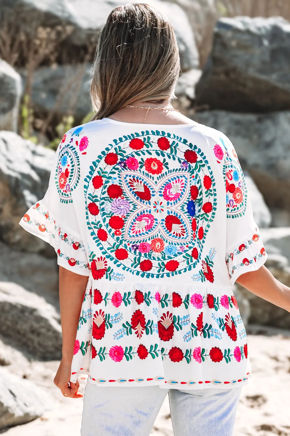 Selene Boho Floral Ruffle Trim Blouse by Threaded Pear sold by Zulily product image thumbnail 2