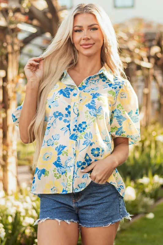 Claira Floral Puff Short Sleeve Blouse by Threaded Pear sold by Zulily