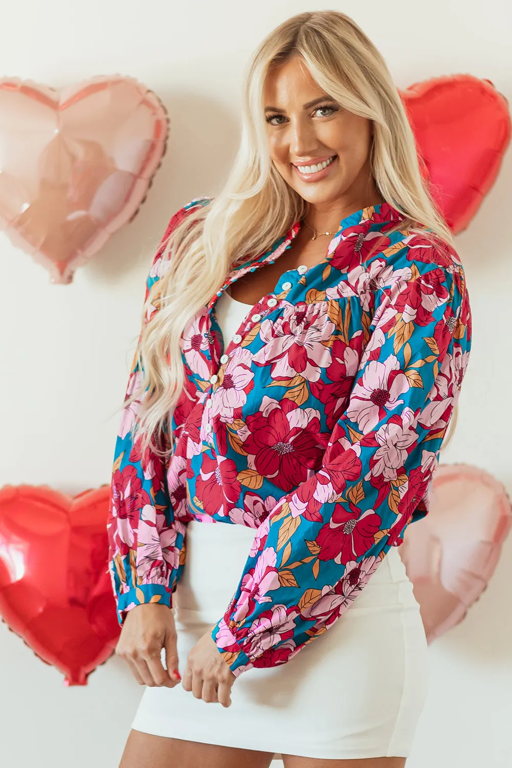 Taylor Floral Balloon Sleeve Half Buttons Blouse by Threaded Pear sold by Zulily product image thumbnail 3