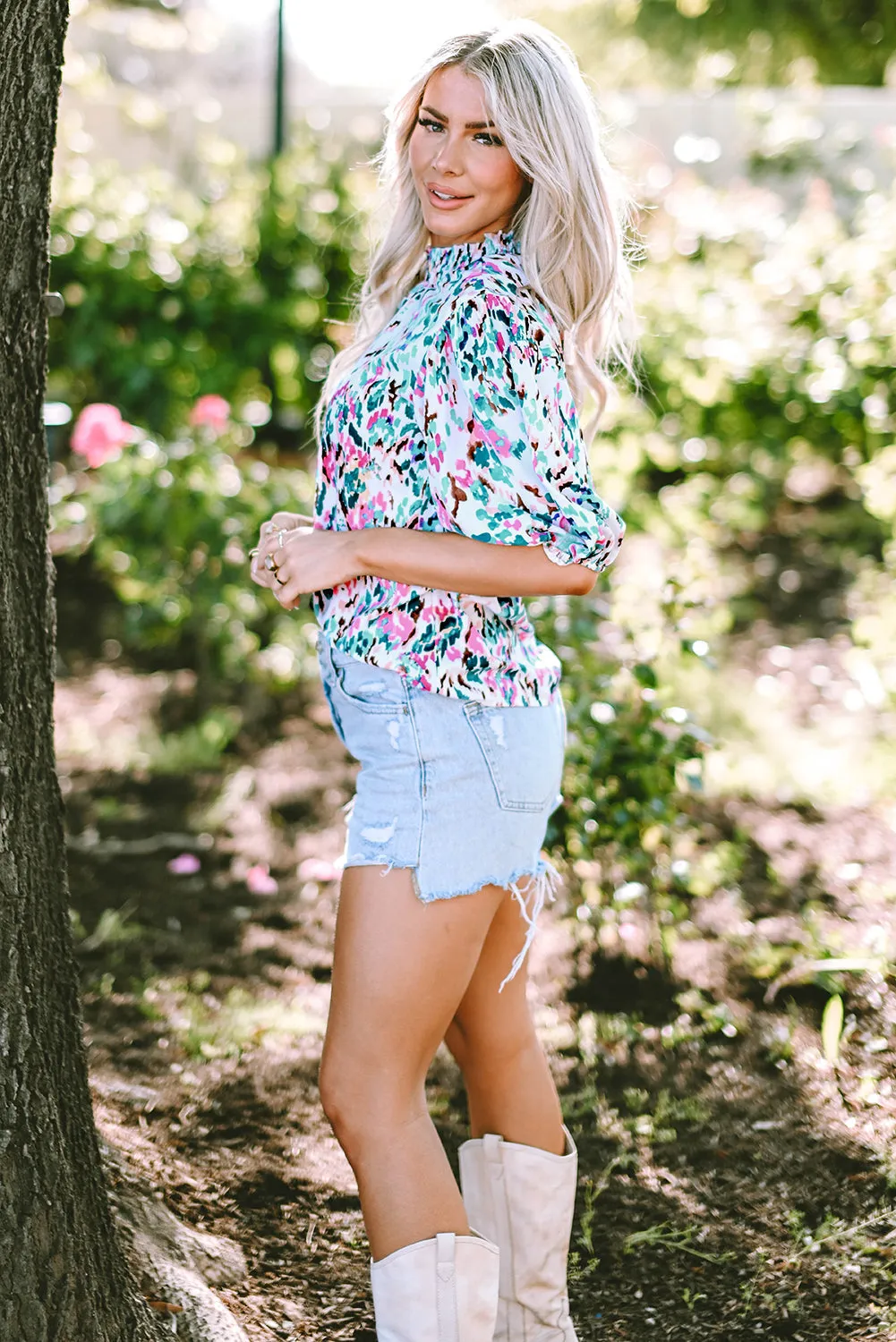 Julie Puff Sleeve Mock Neck Blouse by Threaded Pear sold by Zulily product image thumbnail 3