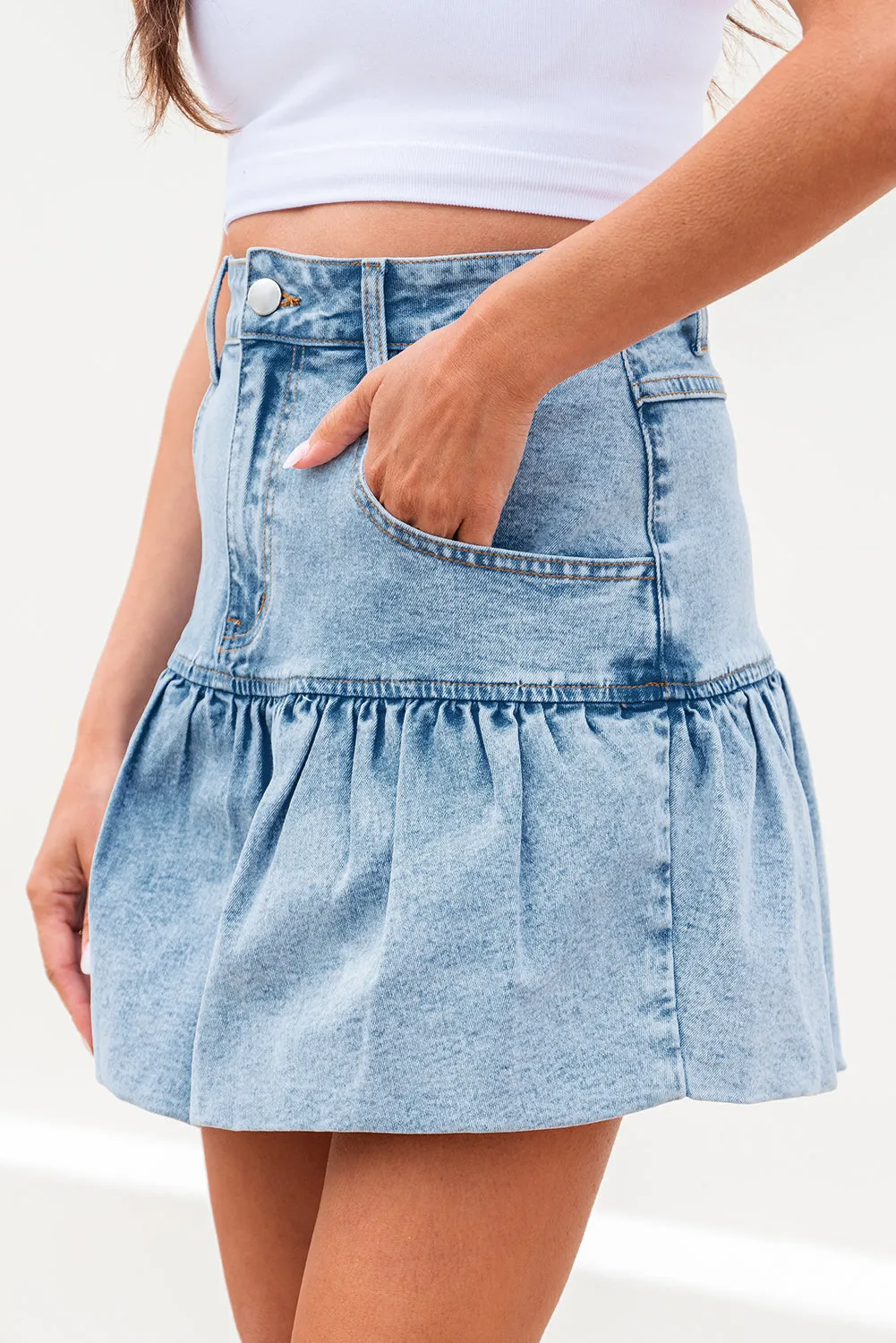 Avani Bubble Hem Denim Mini Skirt by Threaded Pear sold by Zulily product image thumbnail 4