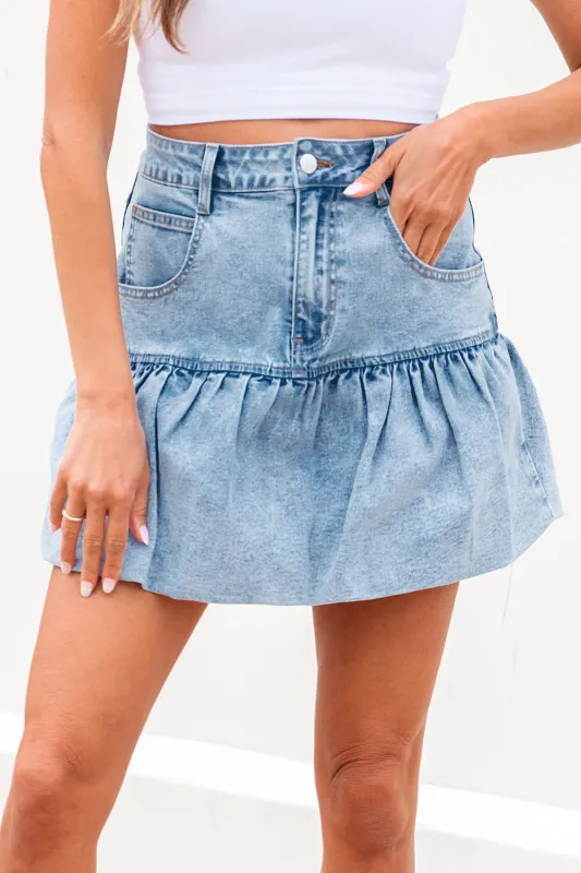 Avani Bubble Hem Denim Mini Skirt by Threaded Pear sold by Zulily