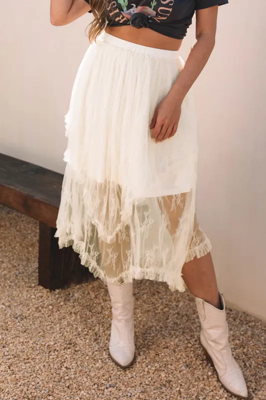 Aliza Lace Cascading Tiered High Waist Maxi Skirt by Threaded Pear sold by Zulily