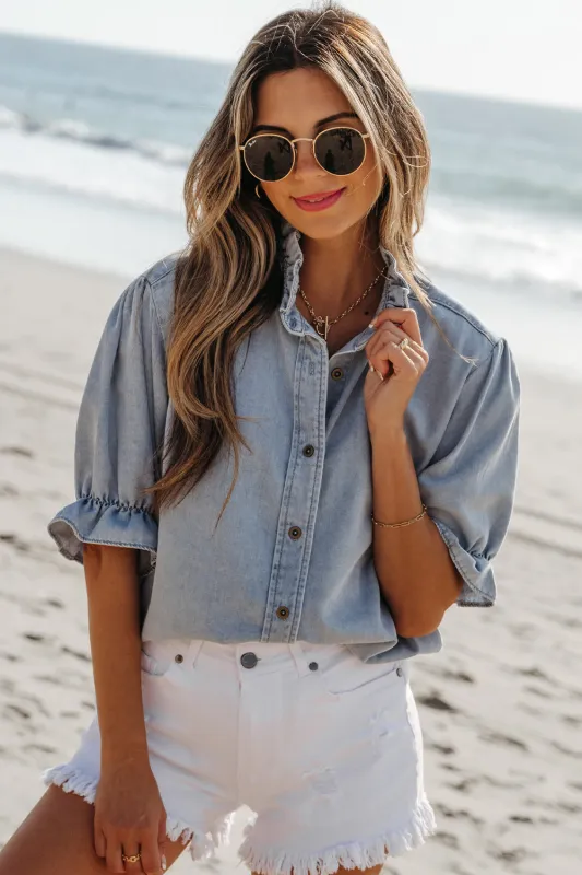 Aya Ruffle Short Puff Sleeve Summer Chambray Top by Threaded Pear sold by Zulily