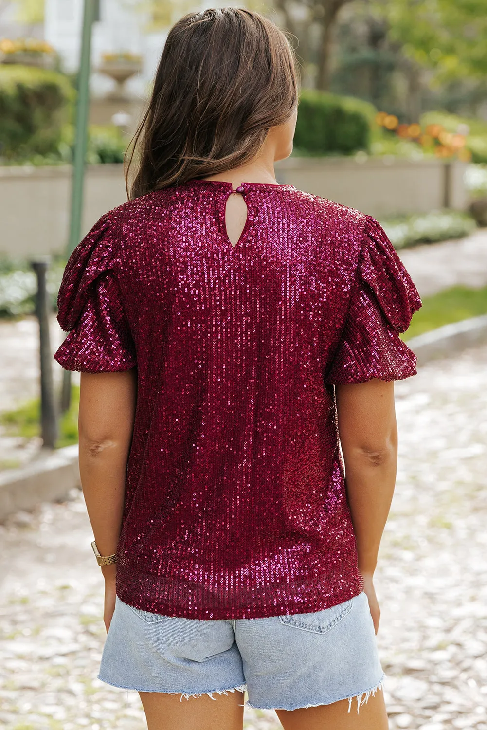 Lenora Glittering Sequin Short Bubble Sleeve Blouse by Threaded Pear sold by Zulily product image thumbnail 2
